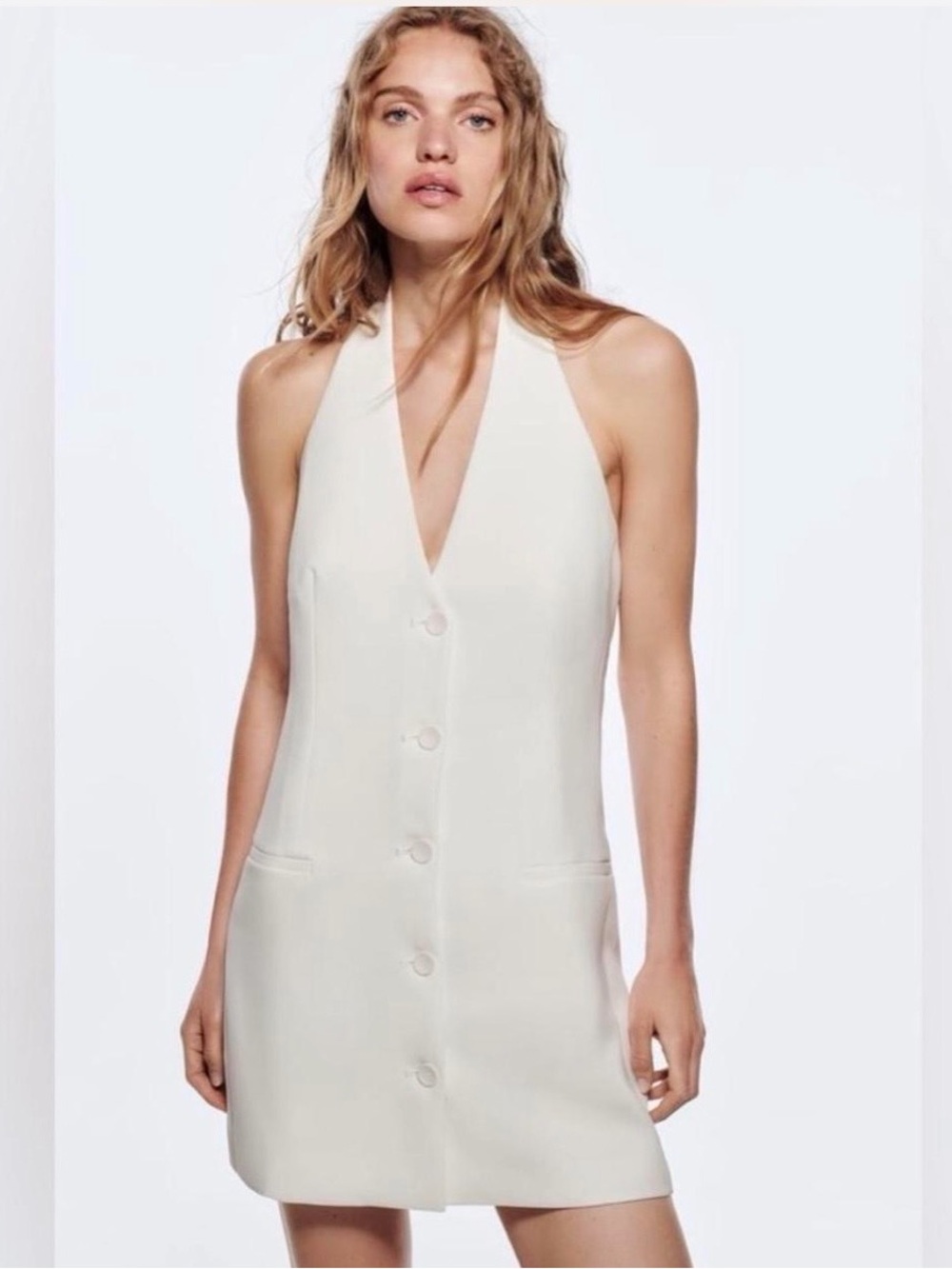 Zara white Halter Mini Dress with Front Buttons